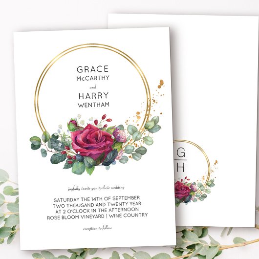 Roodroze en Eucalyptus Gold Lijst Wedding Kaart