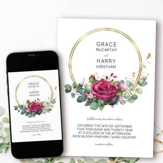 Roodroze en Eucalyptus Gold Lijst Wedding Kaart