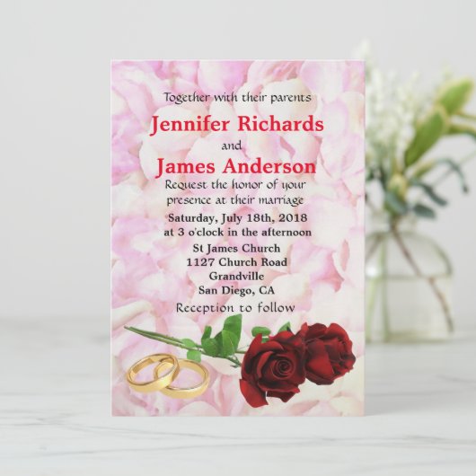 Roodroze en huwelijksuitnodiging kaart (Staand voorkant)