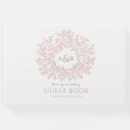 Roodroze en witte bladmonogram kunst bruiloft gastenboek