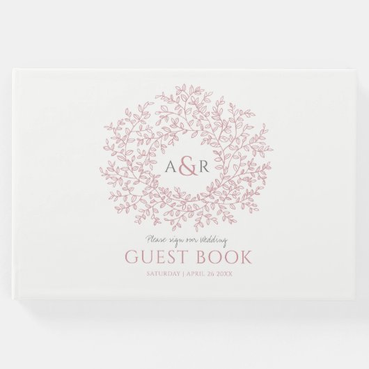 Roodroze en witte bladmonogram kunst bruiloft gastenboek (Voorkant)