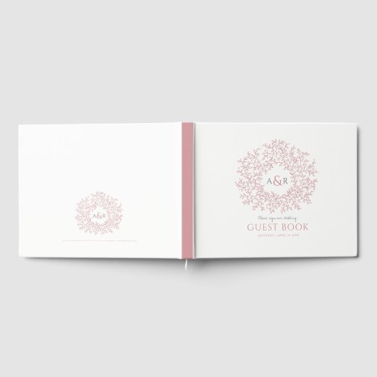 Roodroze en witte bladmonogram kunst bruiloft gastenboek (Volledig)