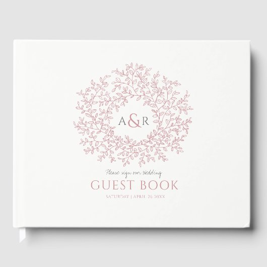 Roodroze en witte bladmonogram kunst bruiloft gastenboek (Voorkant)