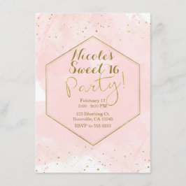 Roodroze & Gouden Spatten Moderne Sweet 16 Feestje Kaart