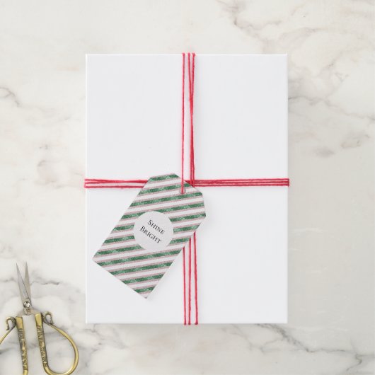 Roodroze Groen Glitter Strepen Kerst Cadeaulabel (Met Touw)