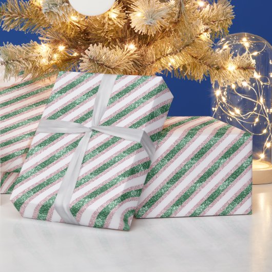 Roodroze Groen Glitter Strepen Kerstmis Cadeaupapier (Feestdagen)