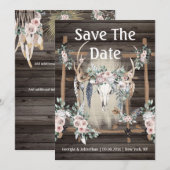 Roodroze groene boho gewei tribal veer hout save the date (Voorkant / Achterkant)