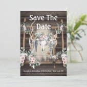 Roodroze groene boho gewei tribalen veer hout save the date (Staand voorkant)