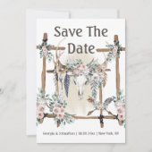 Roodroze groene boho-geweien tribale veer chique save the date (Voorkant)