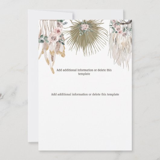 Roodroze groene boho-geweien tribale veer chique save the date (Achterkant)