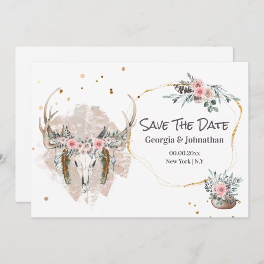 Roodroze groene herten geweien roos boho chic save the date (Voorkant / Achterkant)