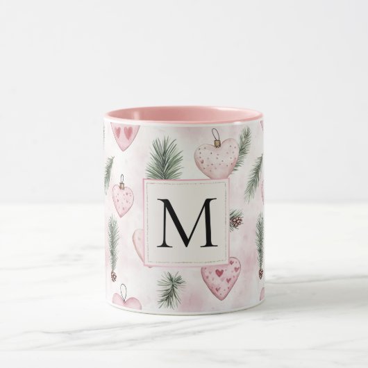 Roodroze Harten Kerst Monogram Mok (Midden)