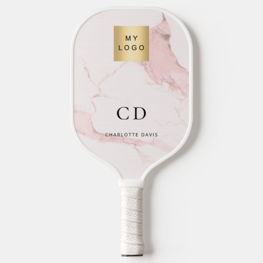 Roodroze marmeren monogram naam bedrijfslogo pickleball paddle (Voorkant)