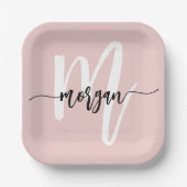 Roodroze Moderne Script Meisjesachtig Monogram Naa Papieren Bordje (Voorkant)