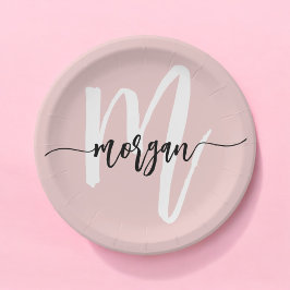 Roodroze Moderne Script Meisjesachtig Monogram Naa Papieren Bordje