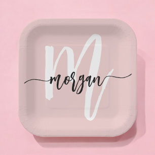 Roodroze Moderne Script Meisjesachtig Monogram Naa Papieren Bordje