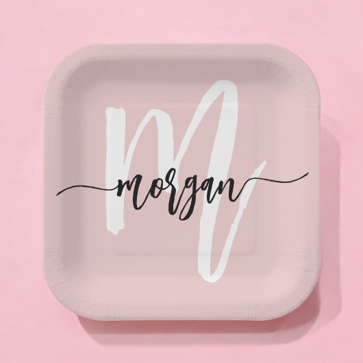 Roodroze Moderne Script Meisjesachtig Monogram Naa Papieren Bordje