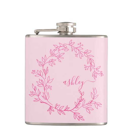 Roodroze Monogram Meisjes Afscheidsceremonie voor Heupfles (Voorkant)