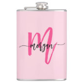 Roodroze Monogram Meisjes Afscheidsceremonie voor  Heupfles (Voorkant)