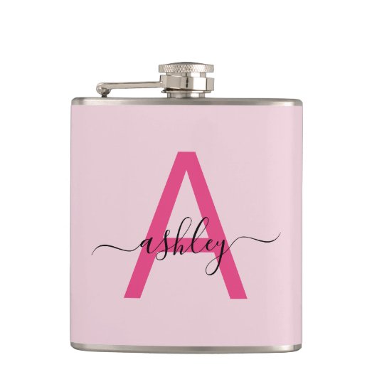 Roodroze Monogram Meisjes Afscheidsceremonie voor  Heupfles (Voorkant)