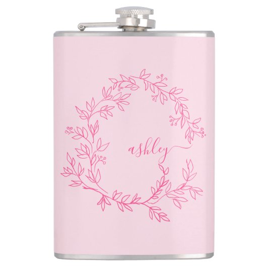 Roodroze Monogram Meisjes Afscheidsceremonie voor Heupfles (Voorkant)