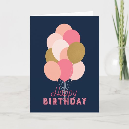 Roodroze Nep Gouden Ballonnen Blauwe Gefeliciteerd Kaart (Voorkant)
