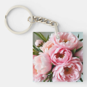 Roodroze Pioen Bloem Acryl Vierkante Sleutelhanger
