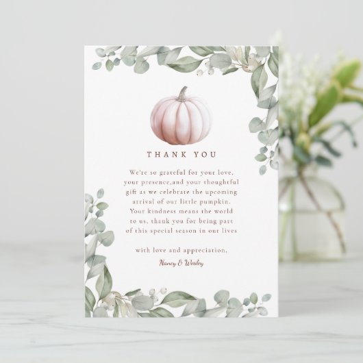 Roodroze Pompoen Herfst Baby Shower Bedankkaart (Staand voorkant)