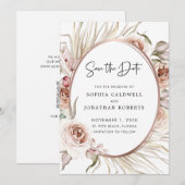 Roodroze Rozen Gedroogde Palm Boho Save the Date (Voorkant / Achterkant)