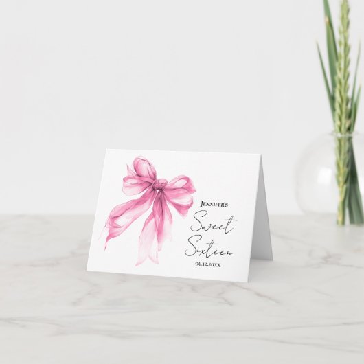 Roodroze Strik lint Coquette Script Sweet 16 Bedan Bedankkaart (Voorkant)