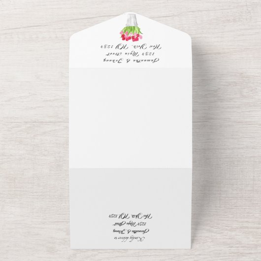 Roodroze Tulps Waterverf Spring Weddenschap All In One Uitnodiging (Buitenkant)