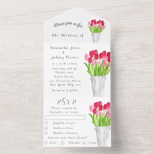 Roodroze Tulps Waterverf Spring Weddenschap All In One Uitnodiging (Binnen)