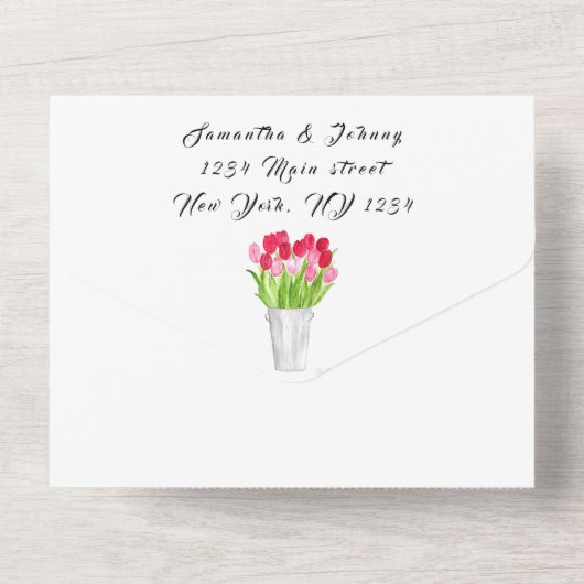 Roodroze Tulps Waterverf Spring Weddenschap All In One Uitnodiging (Achterkant)