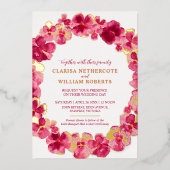 Roodroze waterverf met bloem folie uitnodiging (Voorkant)