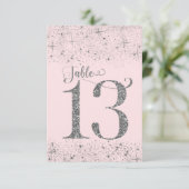 Roodroze zilver glitters tafelkaartjes nummer 13 kaart (Staand voorkant)