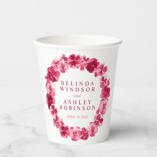 Roodroze zonnebloem met waterverf bruiloft papieren bekers (Voorkant)
