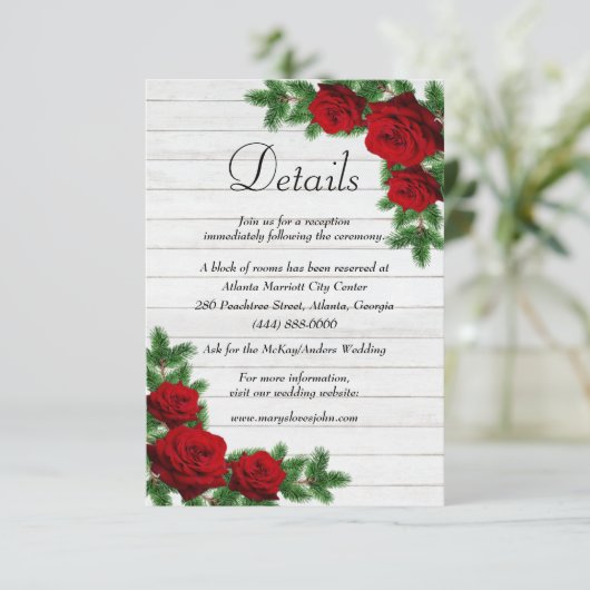 Roodrozen en pijnboomtanden met kerstbruiloft aankondiging (Staand voorkant)