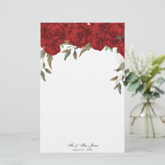 Roodrozen greenery bruiloft briefpapier (Staand voorkant)