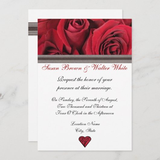Roodrozen huwelijksuitnodiging met zwart lintje kaart (Voorkant / Achterkant)