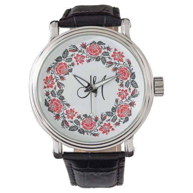 Roodrozen Roodspieren Initiaal Monogram Horloge (Voorkant)