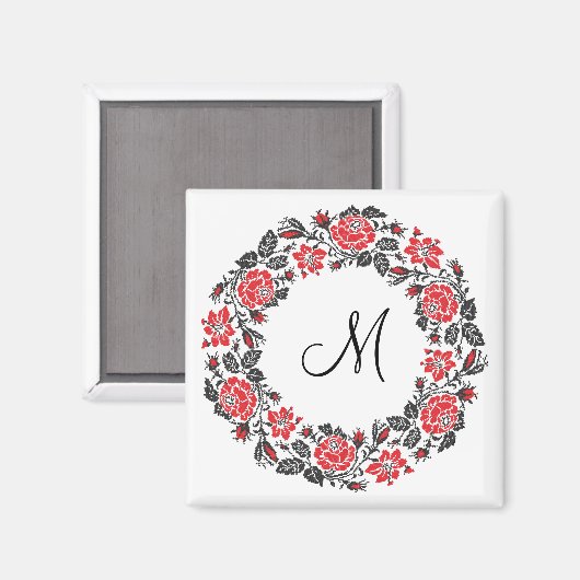 Roodrozen Roodspieren Initiaal Monogram Magneet (Voorkant / Achterkant)