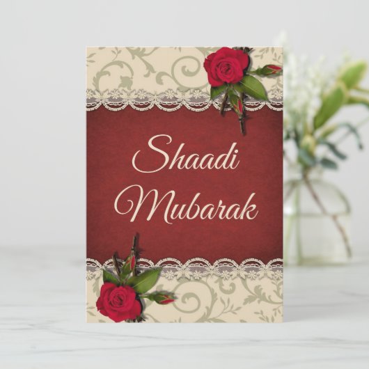  roodrozen Shaadi Mubarak Kaart (Staand voorkant)