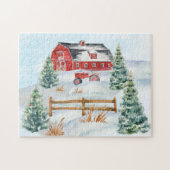 Roodschuur, rode trekker, sneeuw, pijnbomen Boerde Legpuzzel (Horizontaal)