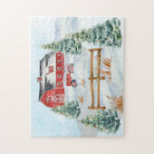 Roodschuur, rode trekker, sneeuw, pijnbomen Boerde Legpuzzel (Verticaal)
