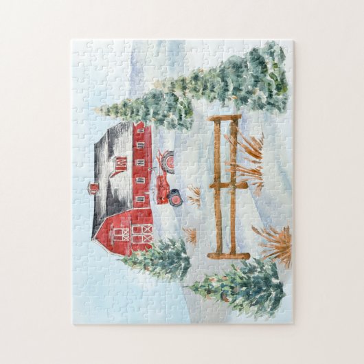Roodschuur, rode trekker, sneeuw, pijnbomen Boerde Legpuzzel (Verticaal)