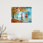 Roodse herfst rode tram paraplu romantisch koppel poster (Keuken)