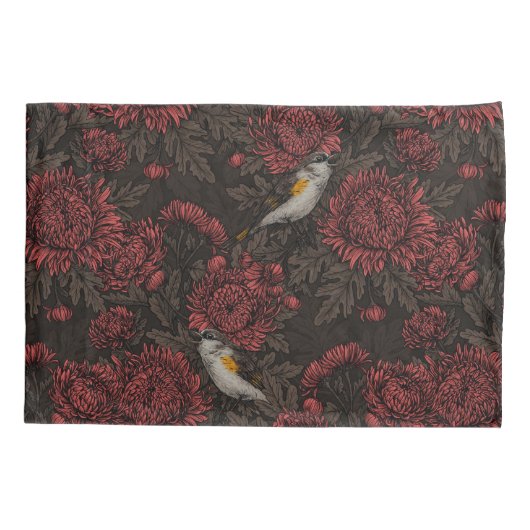 Roodstart in de chrysanten in bruin en rood kussensloop (Achterkant-Links)