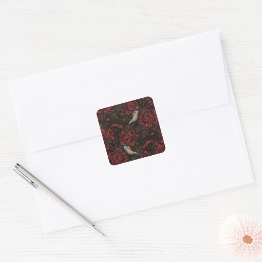 Roodstart in de chrysanten in bruin en rood vierkante sticker (Envelop)
