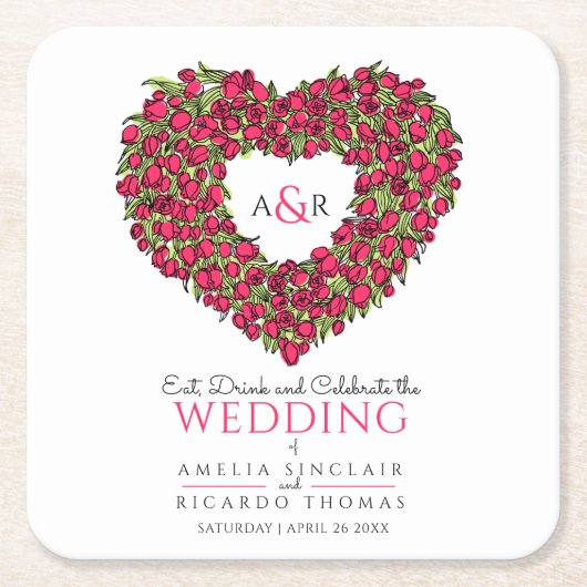 Roodtulp met inkttekenmonogram bruiloft kartonnen onderzetters (Voorkant)