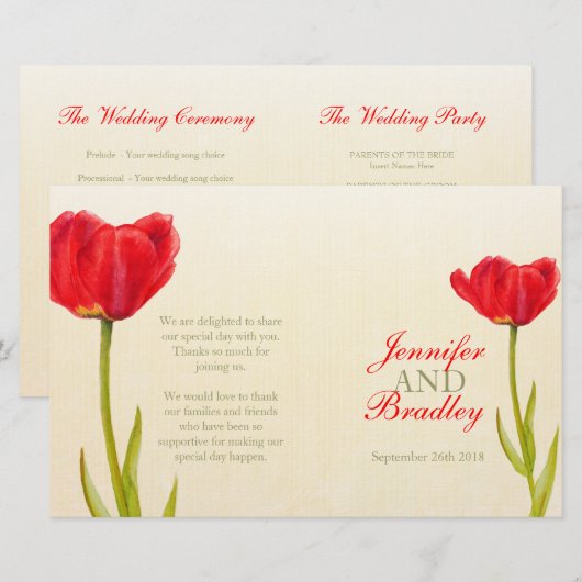 Roodtulp waterverf huwelijksprogramma (Voorkant / Achterkant)